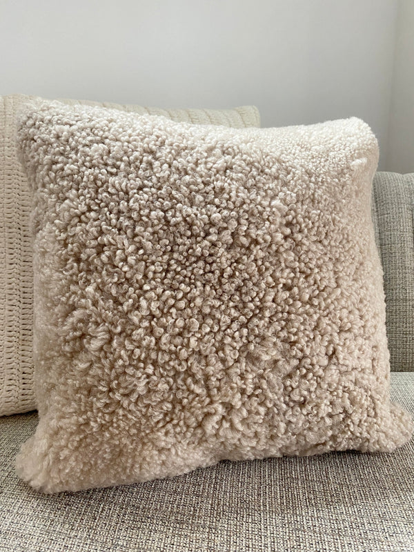Tan shearling sheepskin pillow