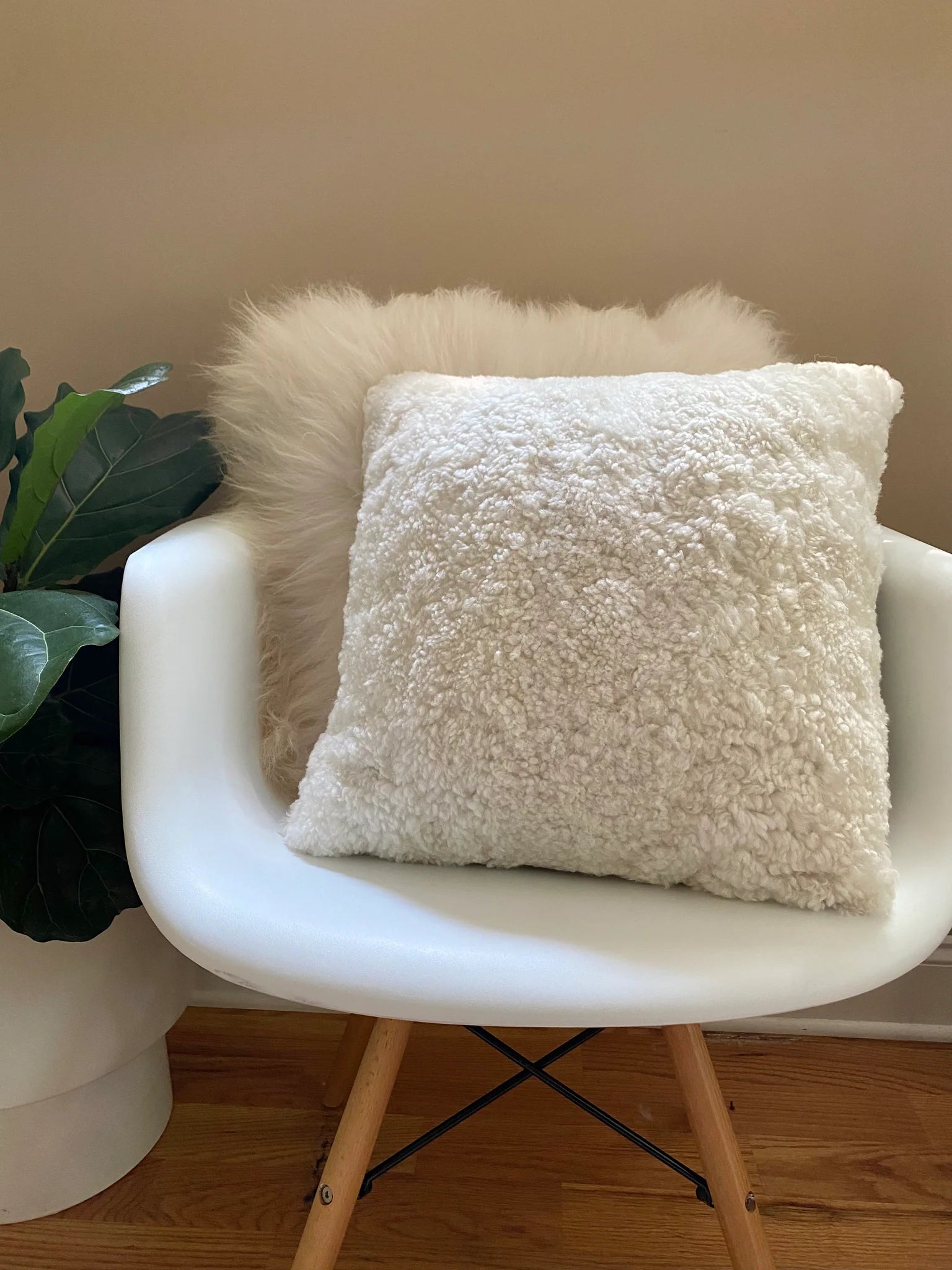 Front-view of ivory shearling sheepskin pillow