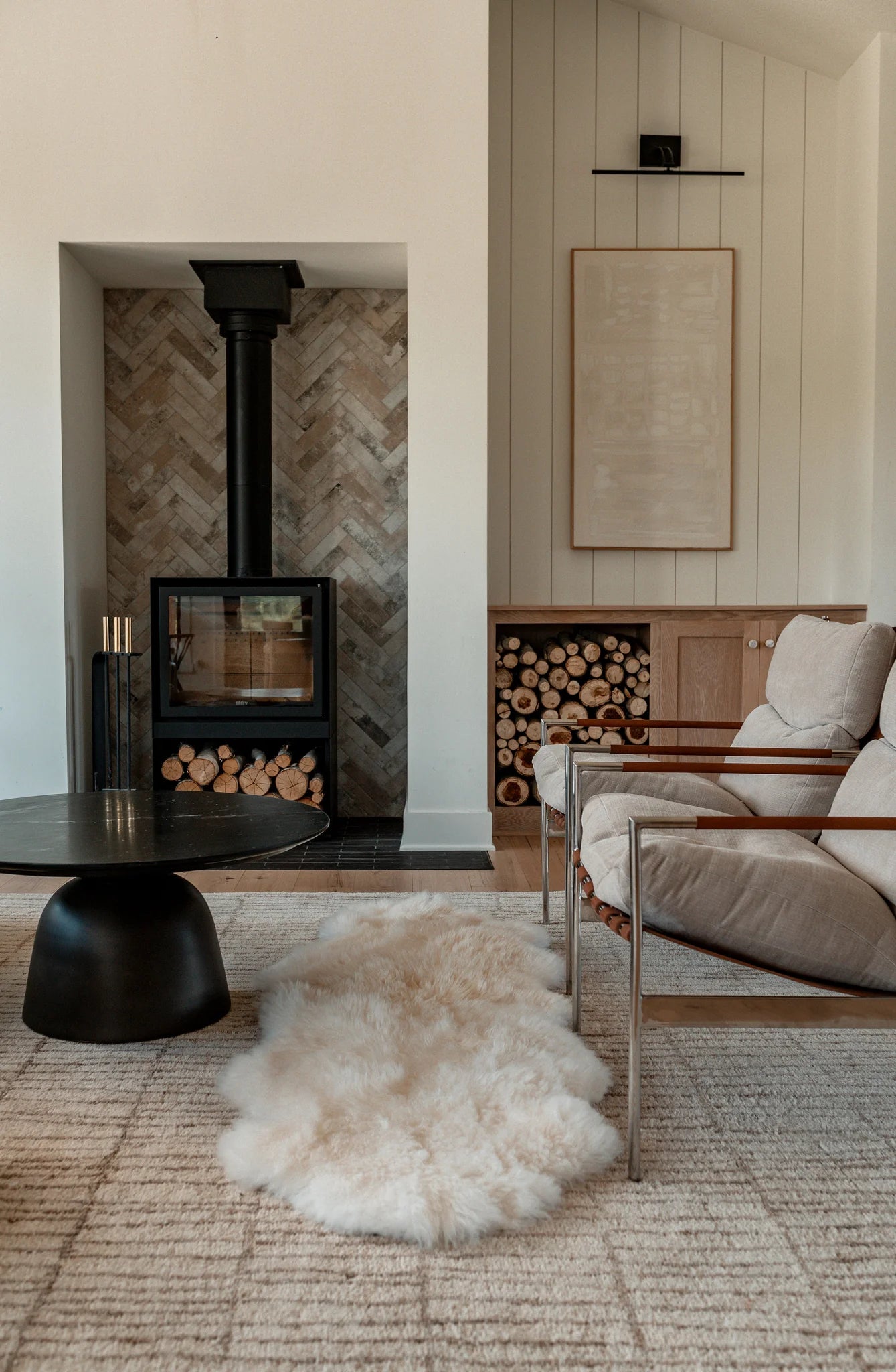 Double sheepskin in white in modern living room 