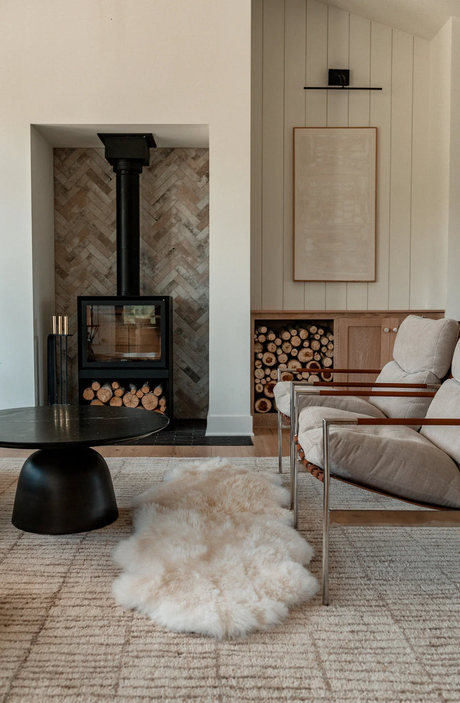 Double sheepskin in white in modern living room 