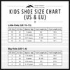 Kids shoe size chart comparing US and EU sizes with foot length measurements.