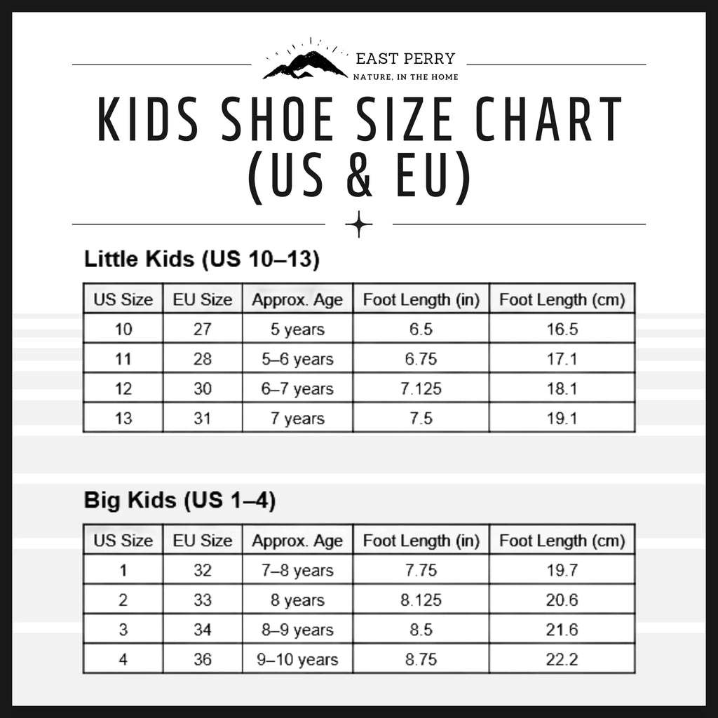 Kids shoe size chart comparing US and EU sizes with foot length measurements.