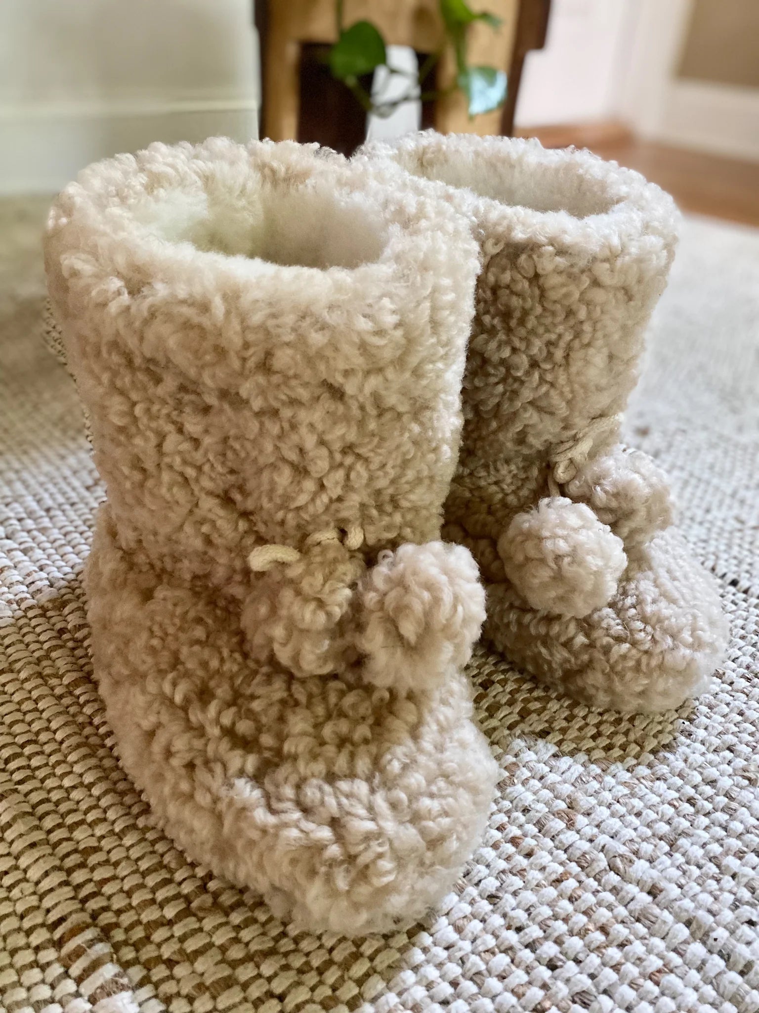 Close-up view of extra warm sheepskin booties
