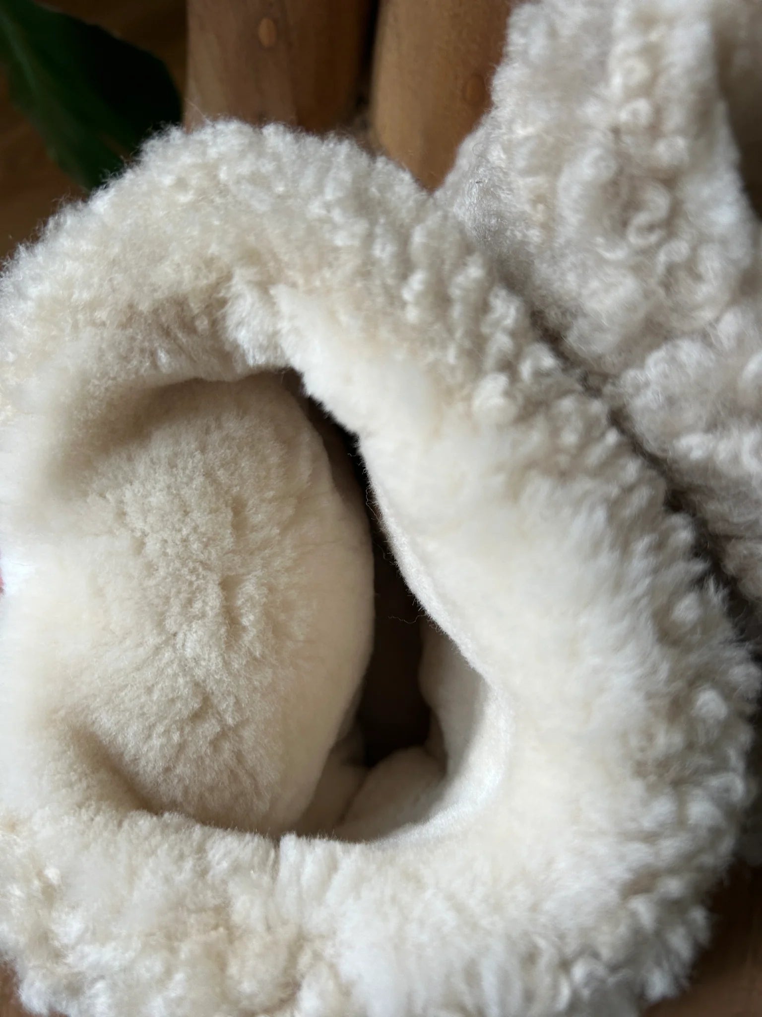 Close-up of organic sheepskin slippers