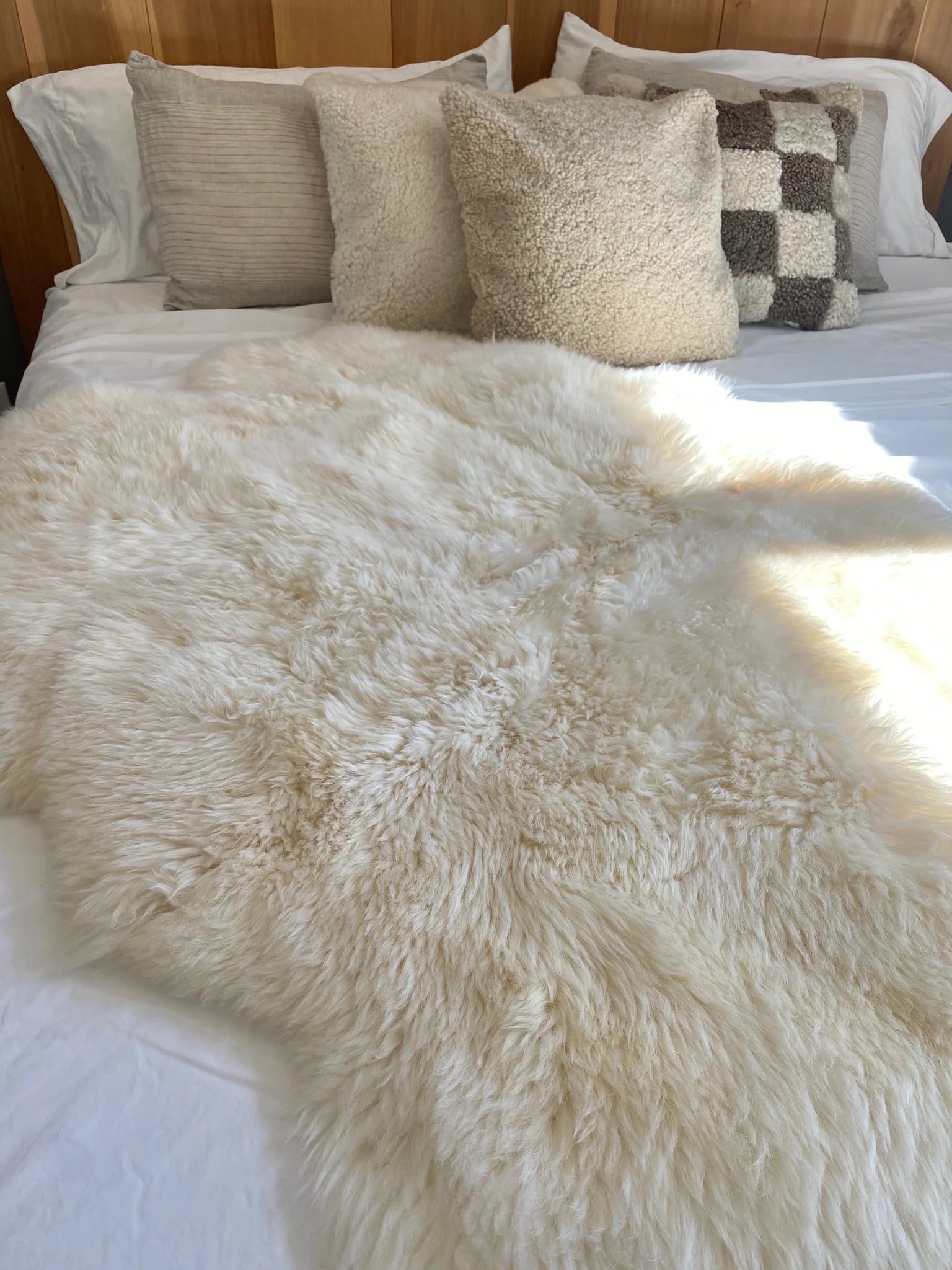 Close-up of plush quad pelt ivory sheepskin 