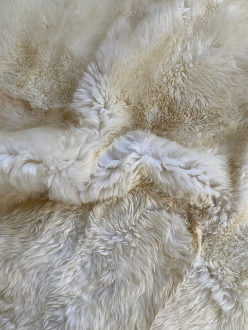 Detailed shot showing natural fur texture of ivory rug