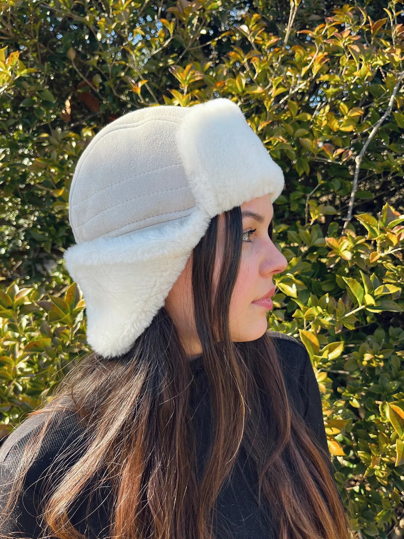 Sheepskin and Leather Pilot Hat in Cream