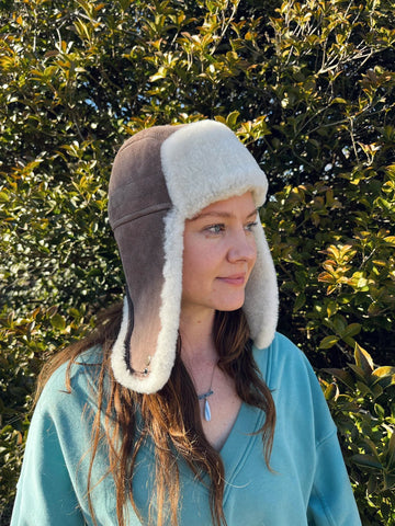 Sheepskin and Leather Pilot Hat in Walnut