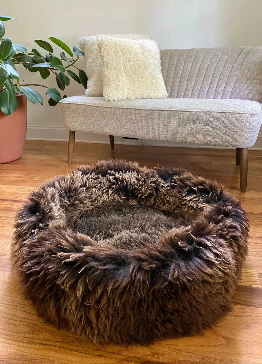 Close-up of sheepskin dog beds