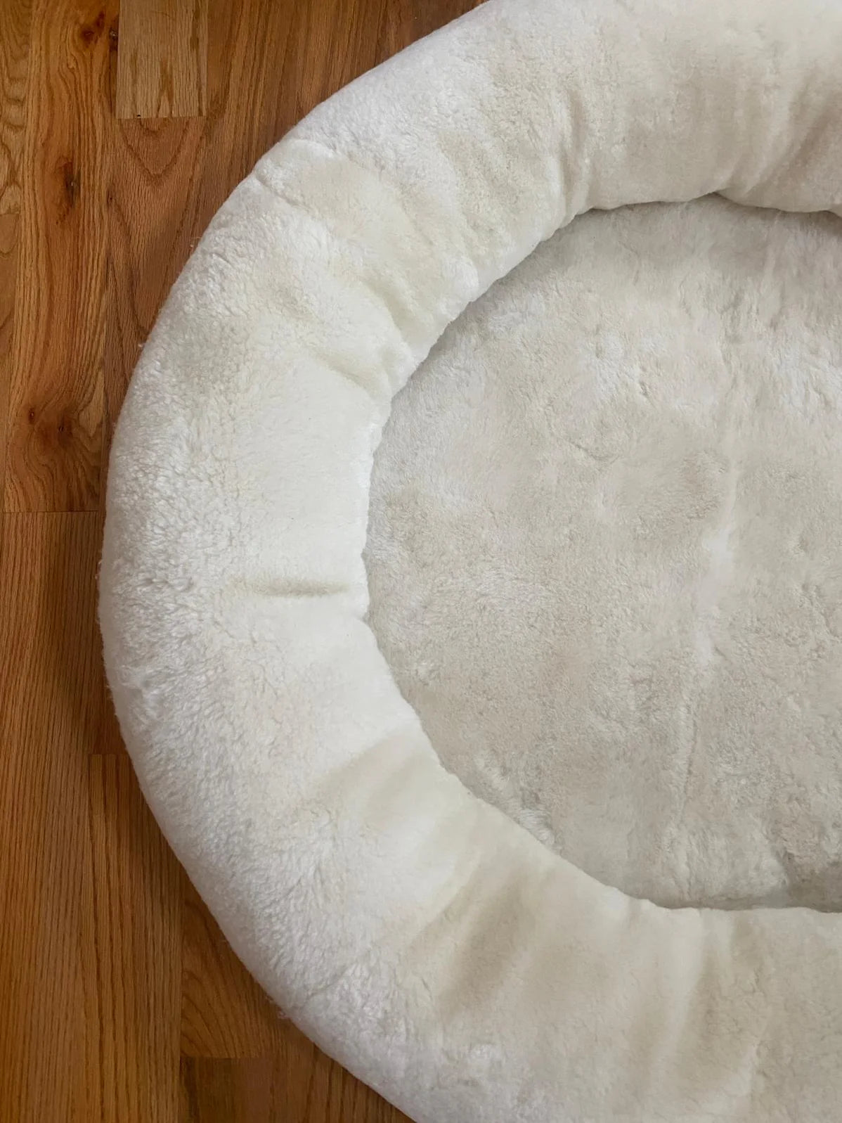 Close-up of snugly short fur sheepskin dog bed