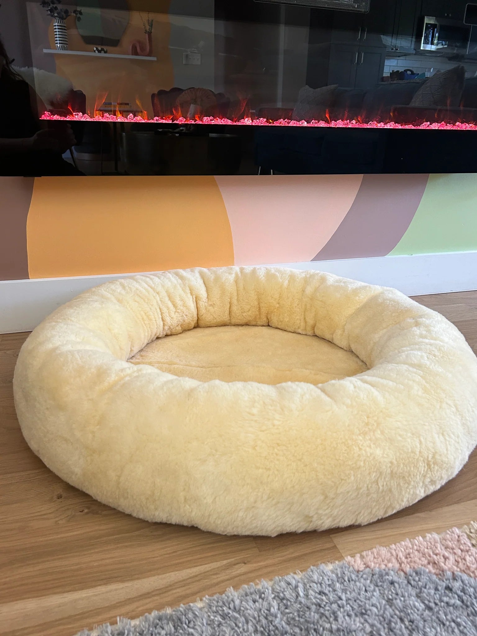 Close-up of snugly short fur sheepskin dog bed