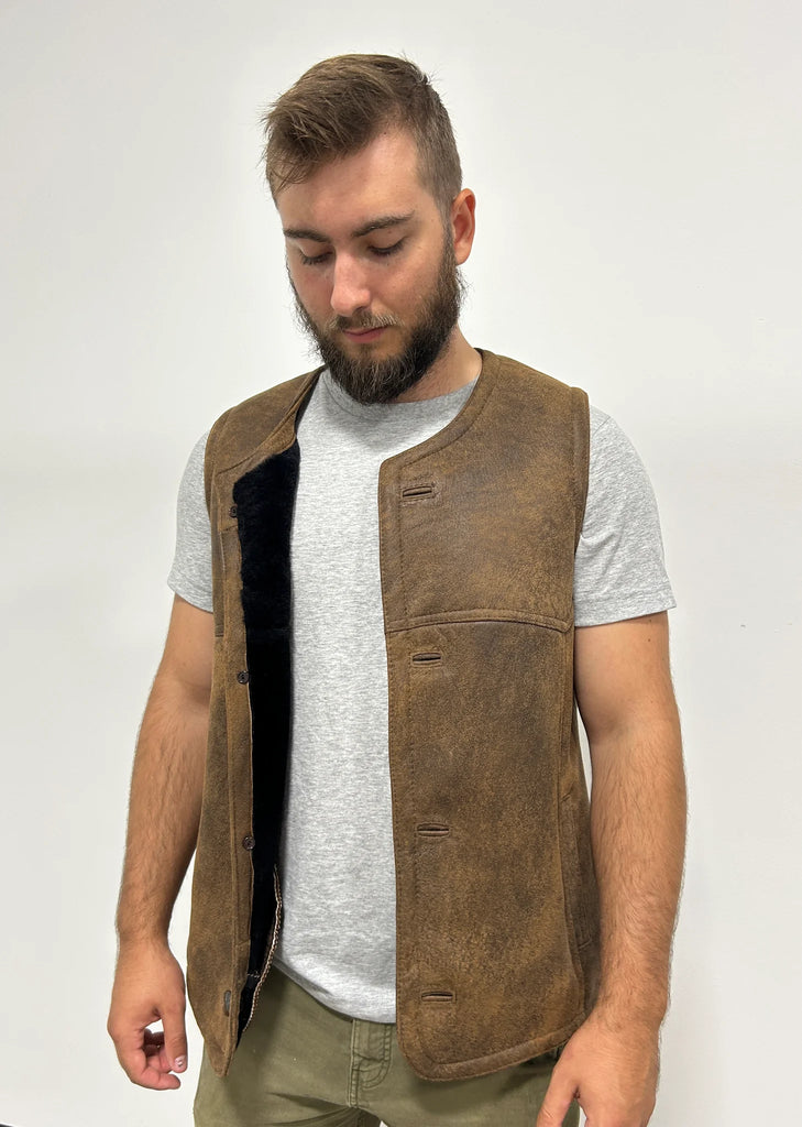 Man wearing the rancher sheepskin vest