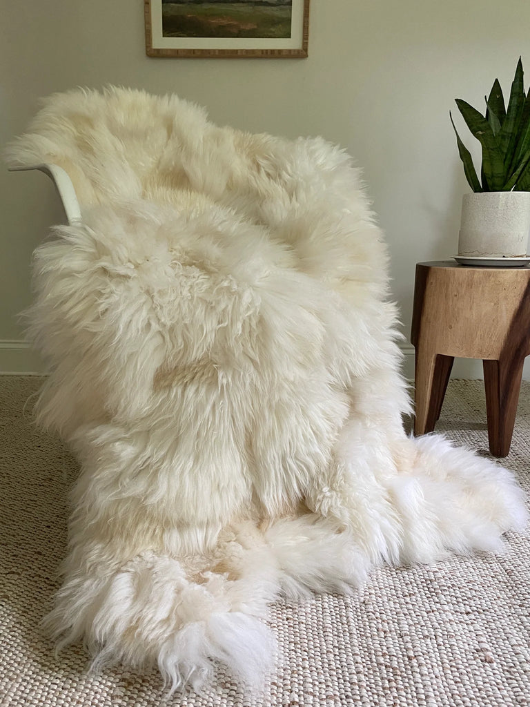 Patchwork ivory sheepskin on a chair