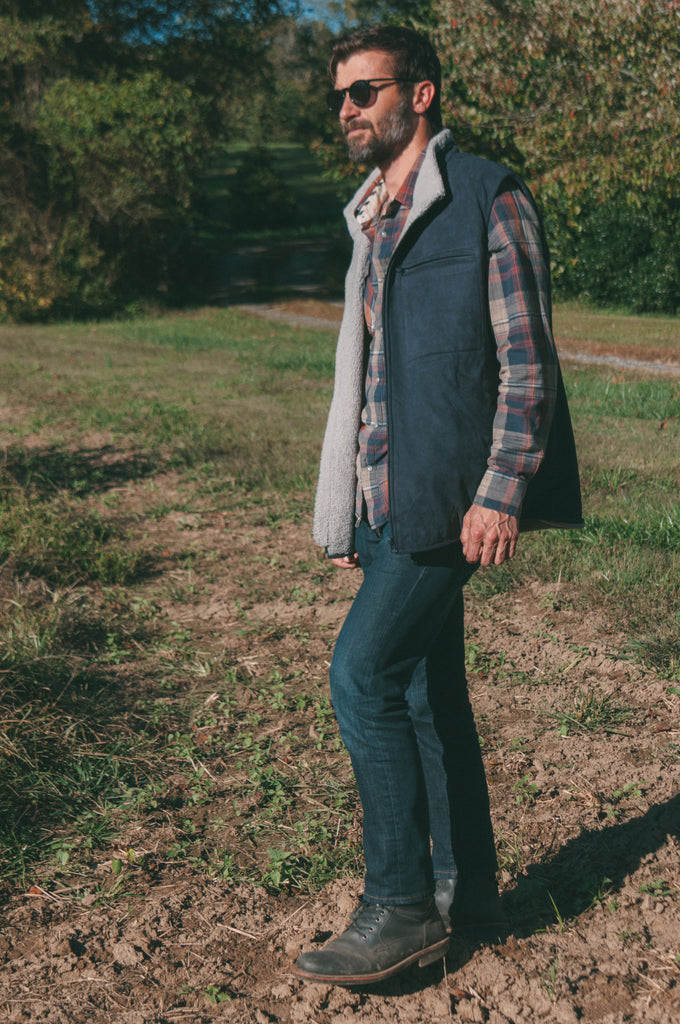 navy blue sheepskin vest